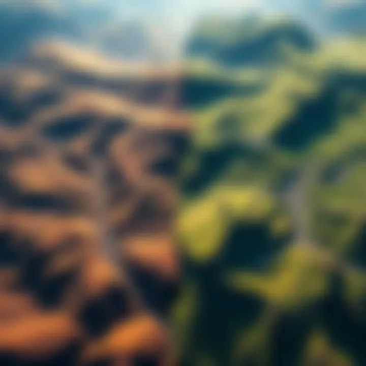 Comparison of Two Land Areas A view showing two distinct land regions with different terrains and vegetation types, highlighting their geographical features.