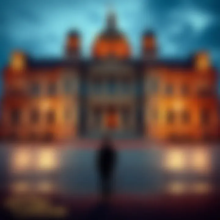 A person standing in front of a grand historic building, contemplating the responsibilities and benefits of ownership.