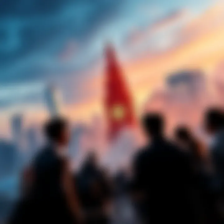 People discussing the anticipated price of a landmark auction, with a city skyline in the background