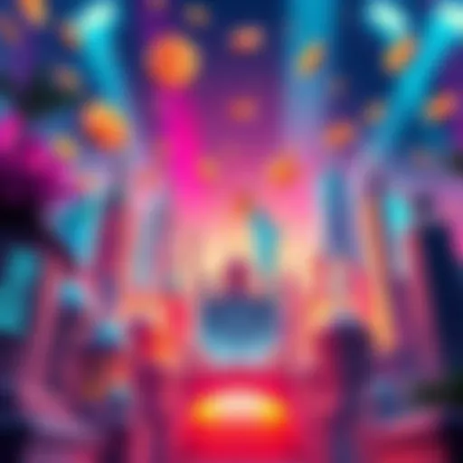 A colorful depiction of a digital auction scene featuring iconic landmarks and bid tokens floating above.