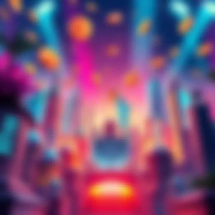 A colorful depiction of a digital auction scene featuring iconic landmarks and bid tokens floating above.