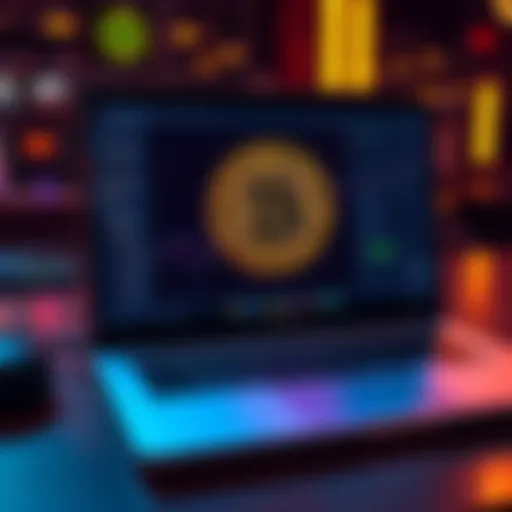 A high-end laptop displaying mining software with a digital currency symbol on screen.