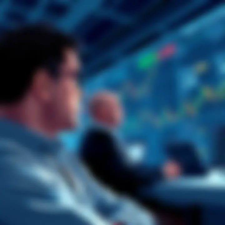 Large investors watching market trends Illustration of big investors observing stock charts and retail investors discussing in forums