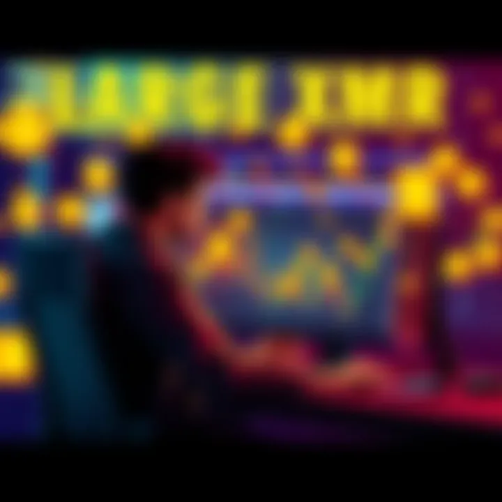 A person conducting a large cryptocurrency transaction without KYC on a computer, surrounded by digital currency symbols.