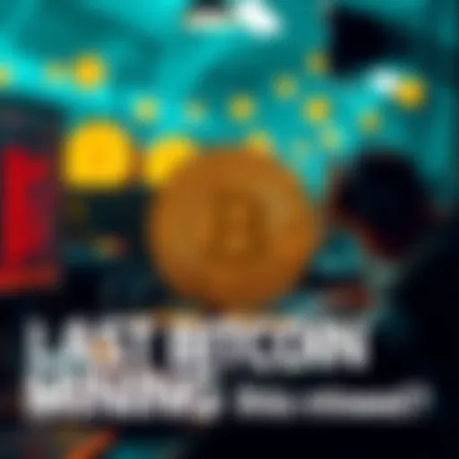 A digital representation of the last Bitcoin being mined, with miners focused on their computers and Bitcoin symbols around them.