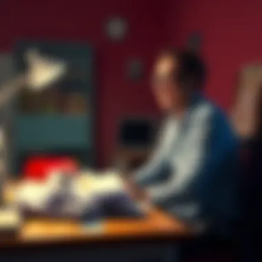 A person sitting at a desk, chuckling while looking at a messy pile of papers and coffee stains, representing everyday struggles with humor.