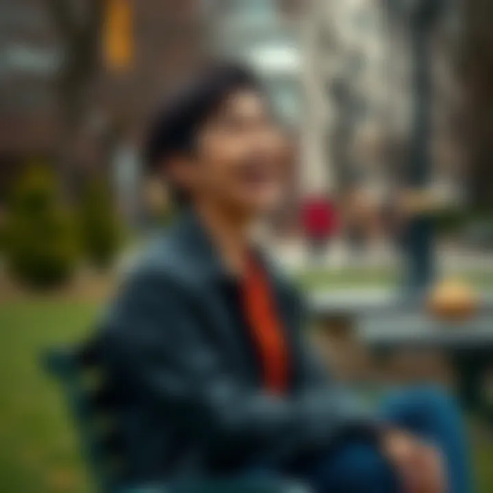 A person laughing and crying at the same time A person sitting on a park bench, laughing with tears in their eyes, showing the blend of humor and sadness.