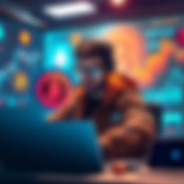 A fintech developer researching various crypto platforms to launch a token, with graphics of Bitcoin and decentralized exchanges in the background.