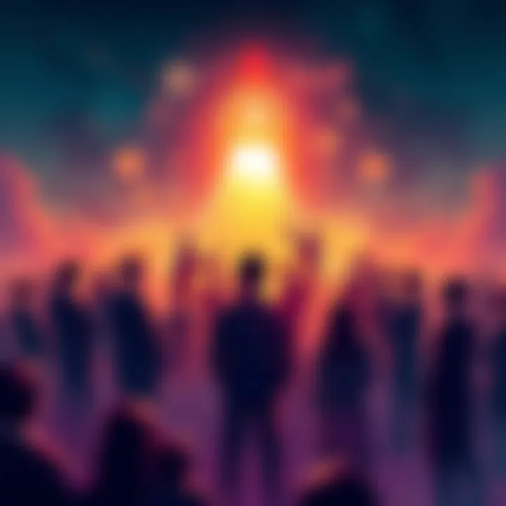 A group of people collaborating on a project launch, featuring graphics of digital coins and charts, symbolizing community and growth on the Solana blockchain.