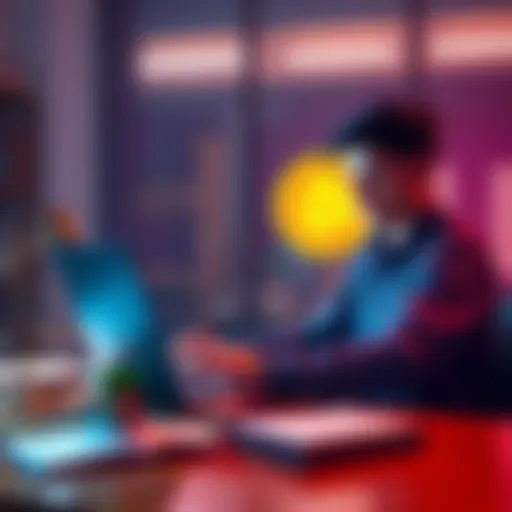 A law student sits at a desk with books and a laptop, studying Bitcoin and its legal implications.