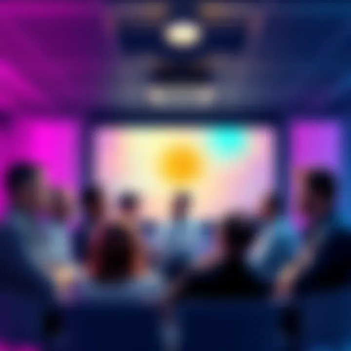 Ten influential thinkers in cryptocurrency gathered in a modern conference setting, sharing ideas and insights.