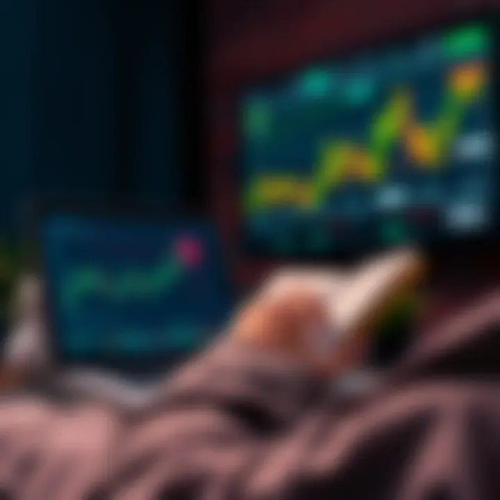 A person reading a book about cryptocurrency investing with a laptop open and charts displayed on the screen.