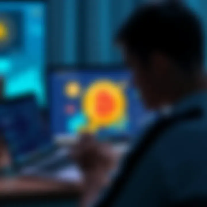 A person looking at a laptop screen displaying cryptocurrency graphics and educational materials