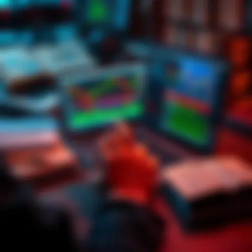 Learning to Trade A person studying trading charts on a laptop with financial graphs on the screen, surrounded by books and notes about day trading.