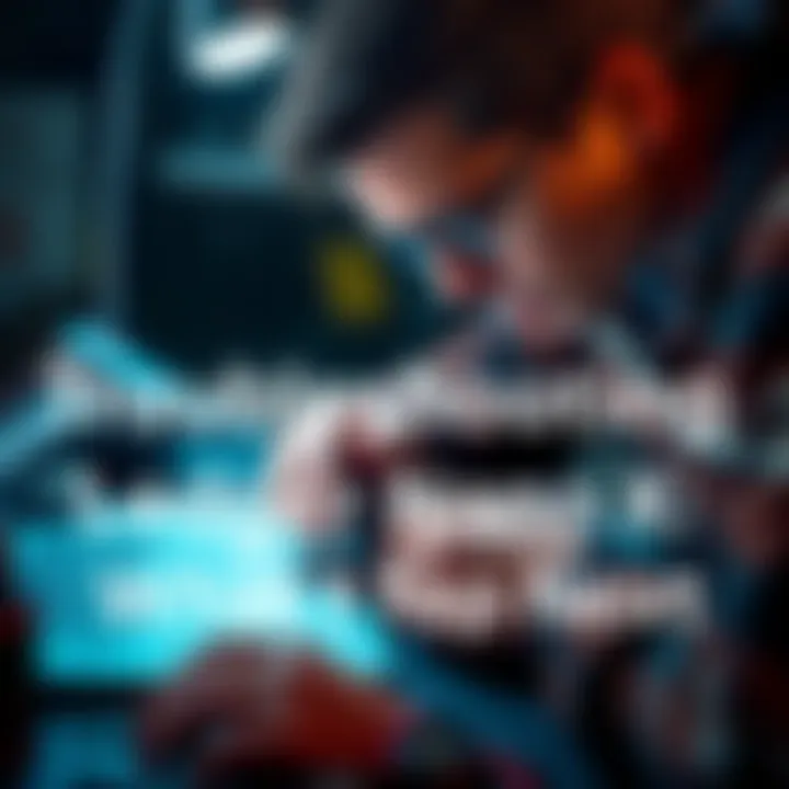 A person examining a Ledger Nano X device with tools and a laptop nearby, looking for solutions to technical issues.