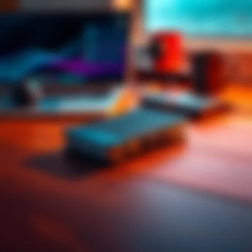 A Ledger hardware wallet placed on a wooden table with a laptop in the background.