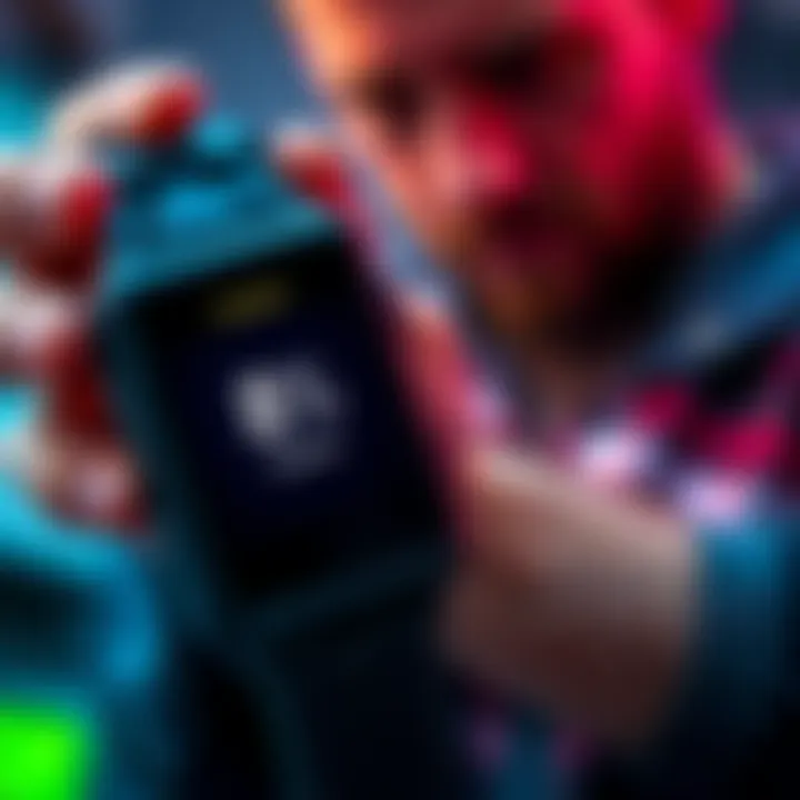 A close-up of a Ledger Nano S Plus device showing an update progress screen stuck at 8%, with a concerned user in the background trying to troubleshoot the problem.