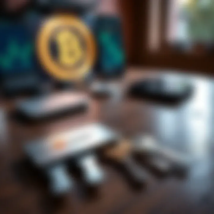 Ledger recovery keys on a table A close-up of Ledger recovery keys placed on a wooden table, next to a Ledger device and a digital display showing cryptocurrency
