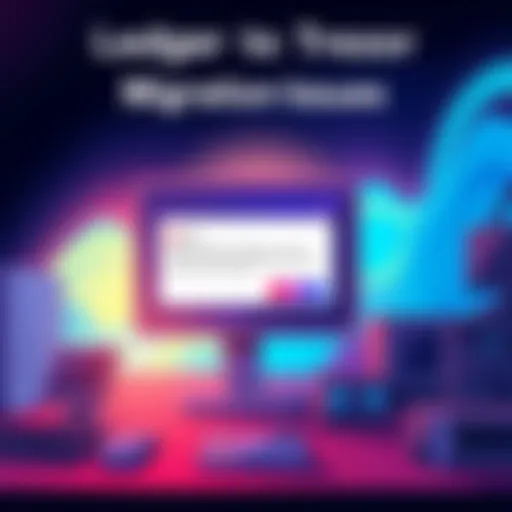 Illustration showing a computer screen with an error message related to moving funds from Ledger to Trezor, alongside images of both devices.