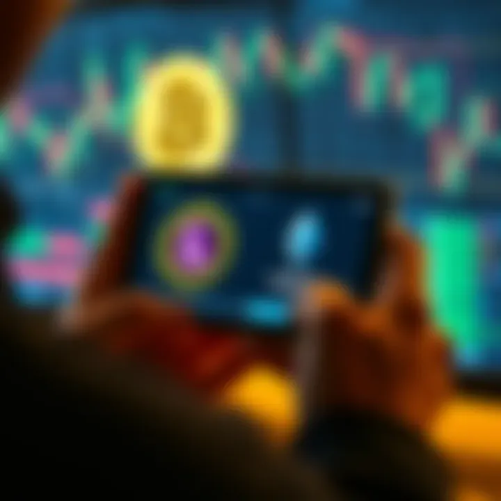 A person using a Ledger hardware wallet to swap Bitcoin for Ethereum, showing BTC and ETH symbols on the screen, with digital currency graphics in the background.