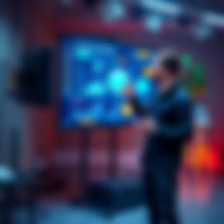 Leemon standing in front of a screen displaying blockchain technology graphics, explaining its impact with energy and enthusiasm