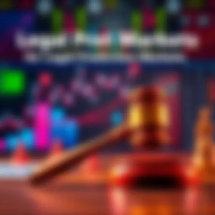 A graphic showing legal prediction markets in the US with event betting icons and a gavel symbolizing regulation.