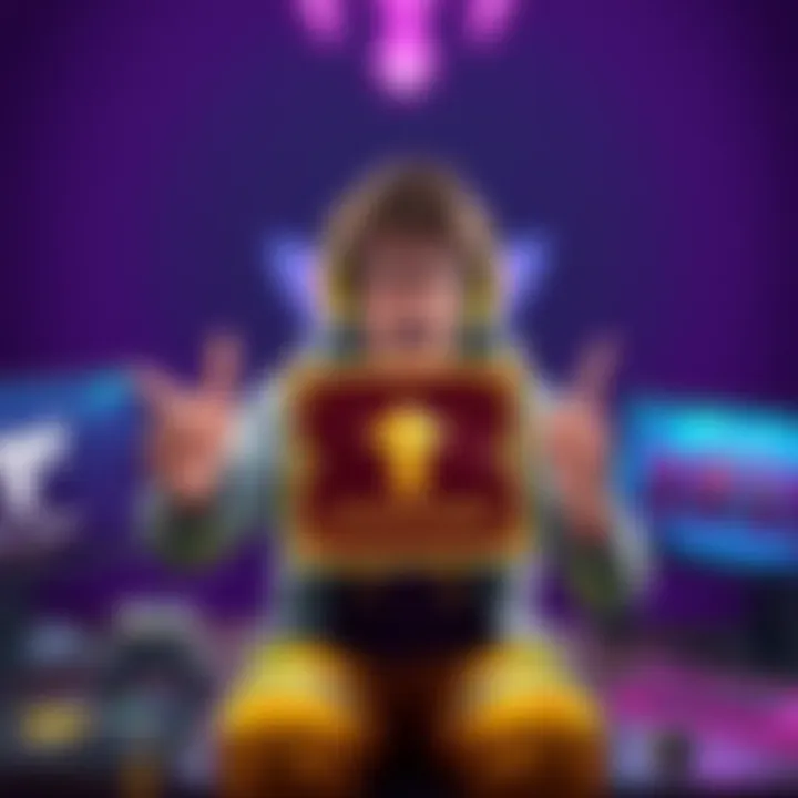 A gamer excitedly holds a shiny Legendary parcel, showcasing their reward from a free-to-play game, surrounded by gaming tools and a screen displaying a tier system.