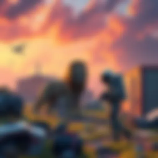 A chaotic gaming home land featuring a messy yard with a lion and an astronaut, representing a player's recent investment in a legendary parcel for an 8% boost.