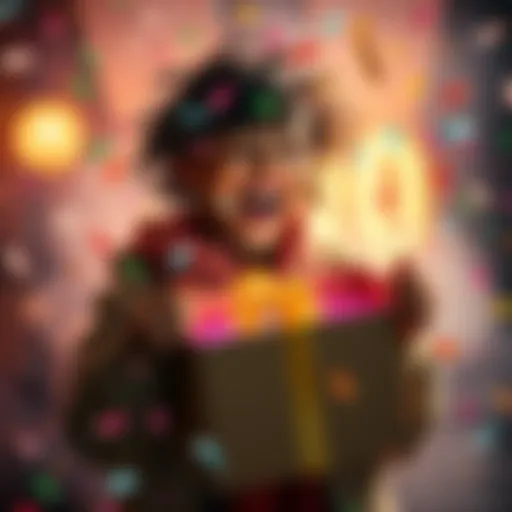 A person joyfully opens a Legendary parcel, surrounded by colorful confetti and a festive atmosphere, celebrating the 100th milestone.