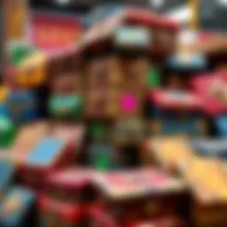 A collection of colorful legendary parcels stacked together, showcasing their unique designs and rarity, with a background hinting at a market setting.