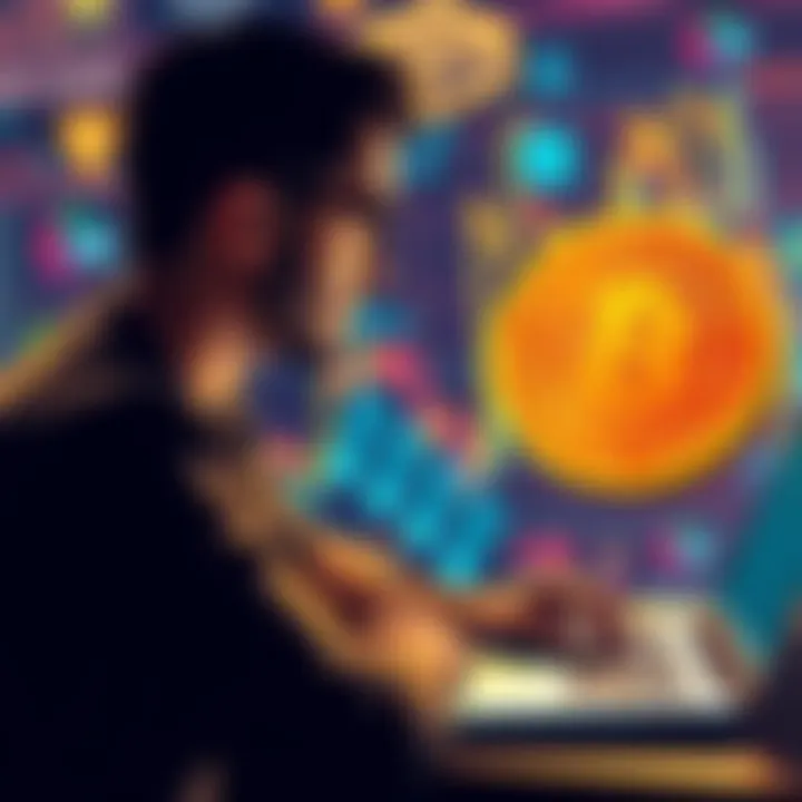 A person considering lending Bitcoin with a laptop and cryptocurrency graphics in the background.