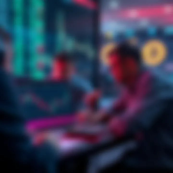 A group of people discussing cryptocurrency, with charts and graphs displayed on a laptop, showing ups and downs in the market