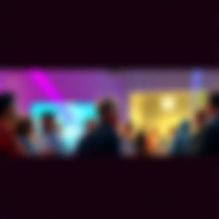 A diverse group of people engaged in lively discussion at a community event, showcasing excitement and collaboration.