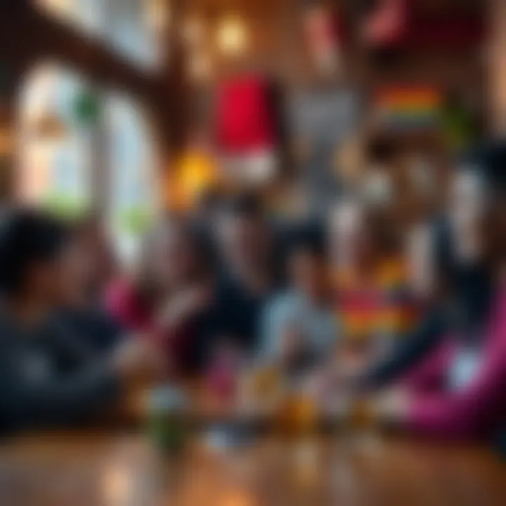 A group of diverse individuals in a cozy café, smiling and sharing stories, representing LGBTQ+ inclusivity and acceptance.