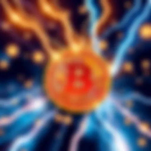 Illustration showing fast Bitcoin transactions with the Lightning Network, depicting speed arrows and Bitcoin symbols.