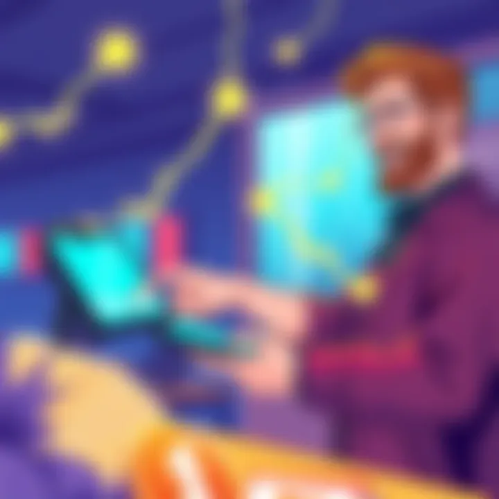 A merchant happily accepting a payment through a digital device with lightning symbols in the background, representing fast transactions.