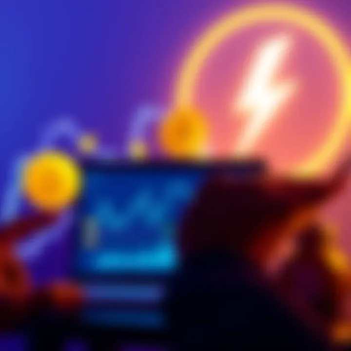 Cheapest Way to Swap Lightning to BTC A person analyzing costs on a laptop with Bitcoin symbols and a Lightning Network logo in the background