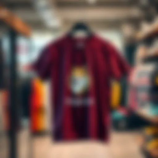 Limited Edition Dogecoin T-Shirt A unique Dogecoin T-Shirt featuring the Dogecoin logo and vibrant colors, displayed on a hanger in a trendy shop