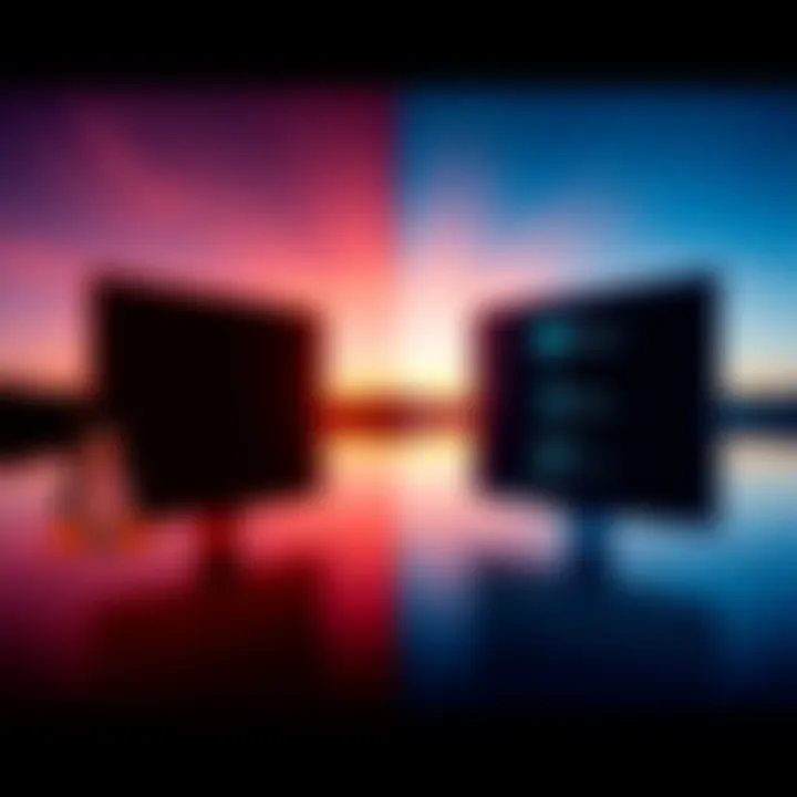 A split-screen image showing a Linux desktop on one side and a Windows desktop on the other, highlighting the differences between the two operating systems.