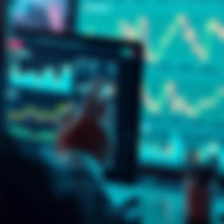 A person examining cash-out options on a digital screen with financial graphs and charts in the background.