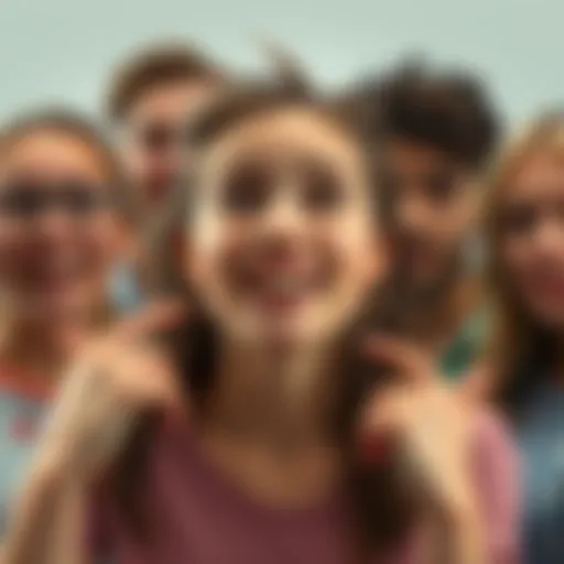 A young woman named Lisa, showing her quirky behaviors like hair flipping and teeth sucking, while her friends look on with puzzled expressions.