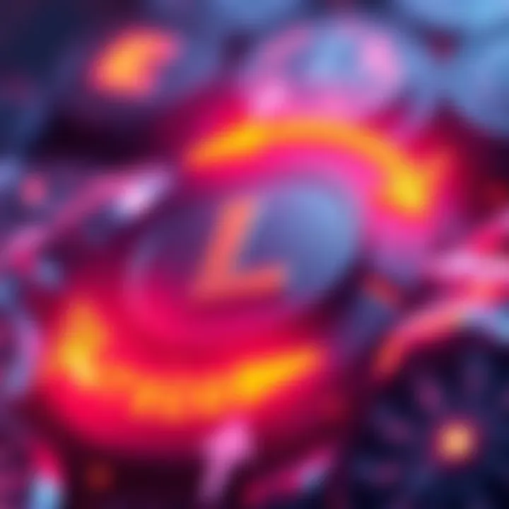 A graphic showing Litecoin logo with arrows symbolizing fast global transactions and low fees