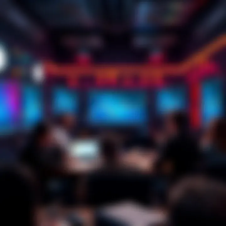 Litecoin Market Discussion A group of people discussing cryptocurrency strategies with charts and graphs on screens around them.