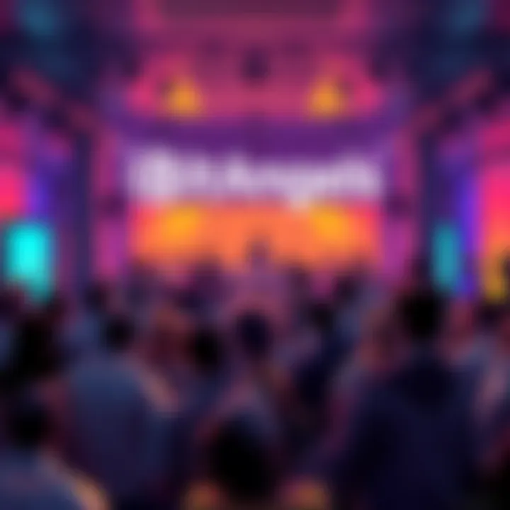 A vibrant crowd gathered at the Litecoin BitAngels space, engaged in discussions about cryptocurrency.