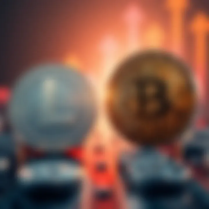 A visual representation showing Litecoin and Bitcoin side by side, with upward arrows indicating rising trends in adoption and price.