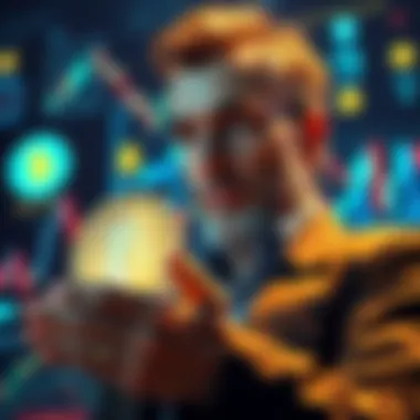 A seasoned investor looking for reassurance about Litecoin's future, surrounded by digital currency symbols and charts.