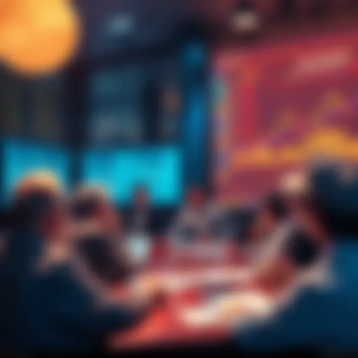 A group of people discussing Litecoin trading strategies in a lively forum setting with charts and graphs visible.