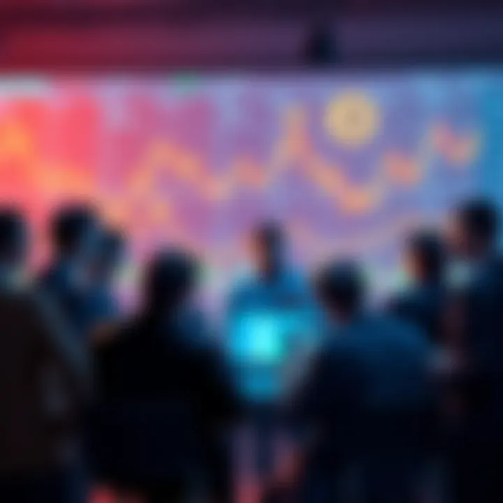 People discussing trading strategies for Litecoin markets with charts and graphs in the background