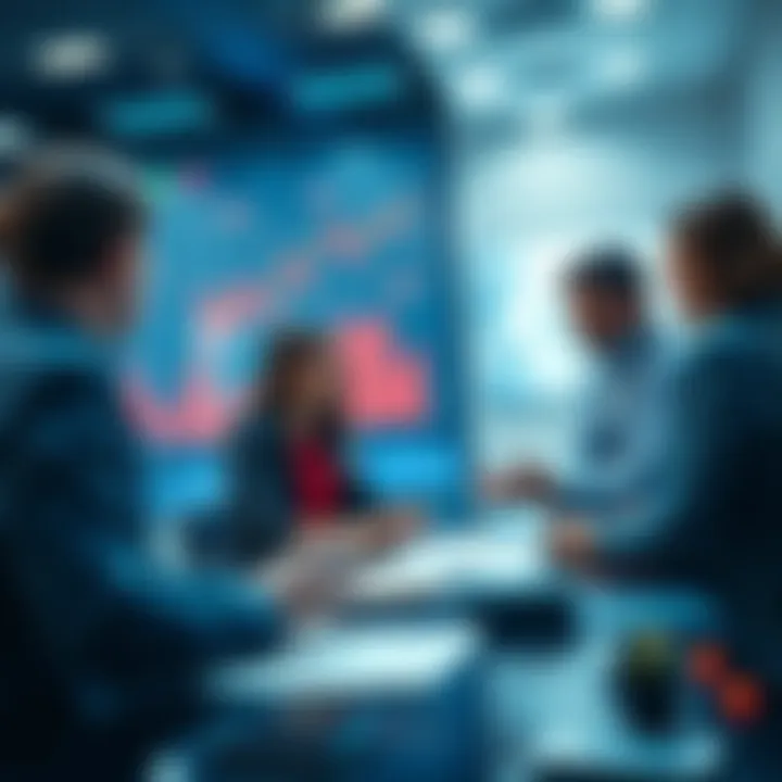 People engaging in conversation about Litecoin markets with charts and graphs in the background