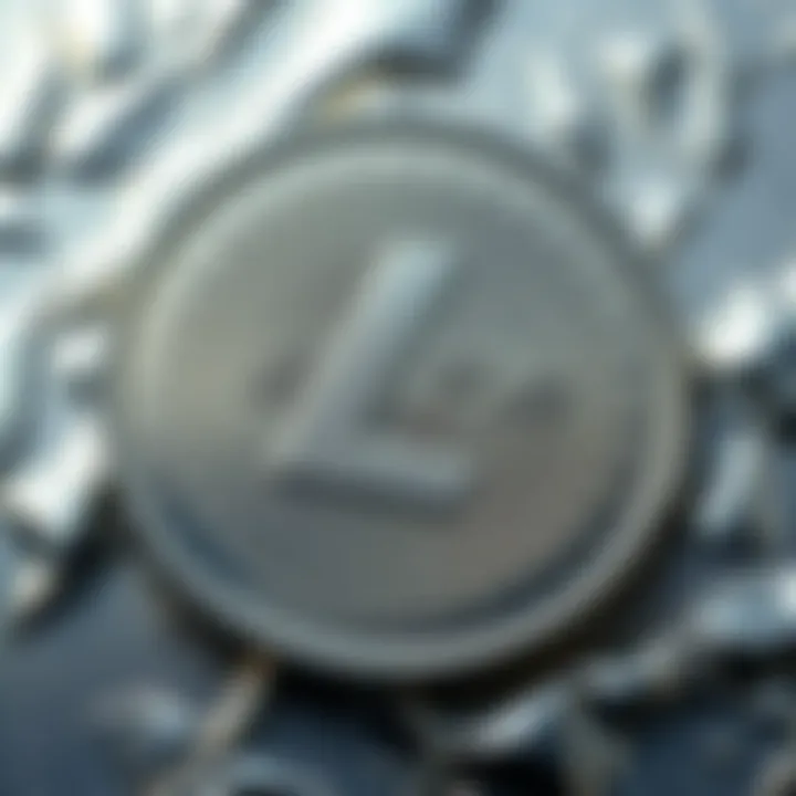A silver coin featuring the Litecoin symbol, representing its status as the silver of cryptocurrency, set on a shiny metallic background.